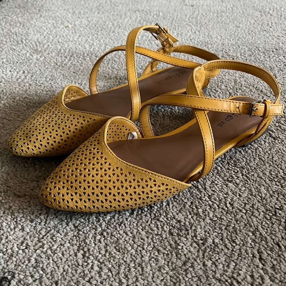 Gold Indigo Rd. Flats with ankle straps